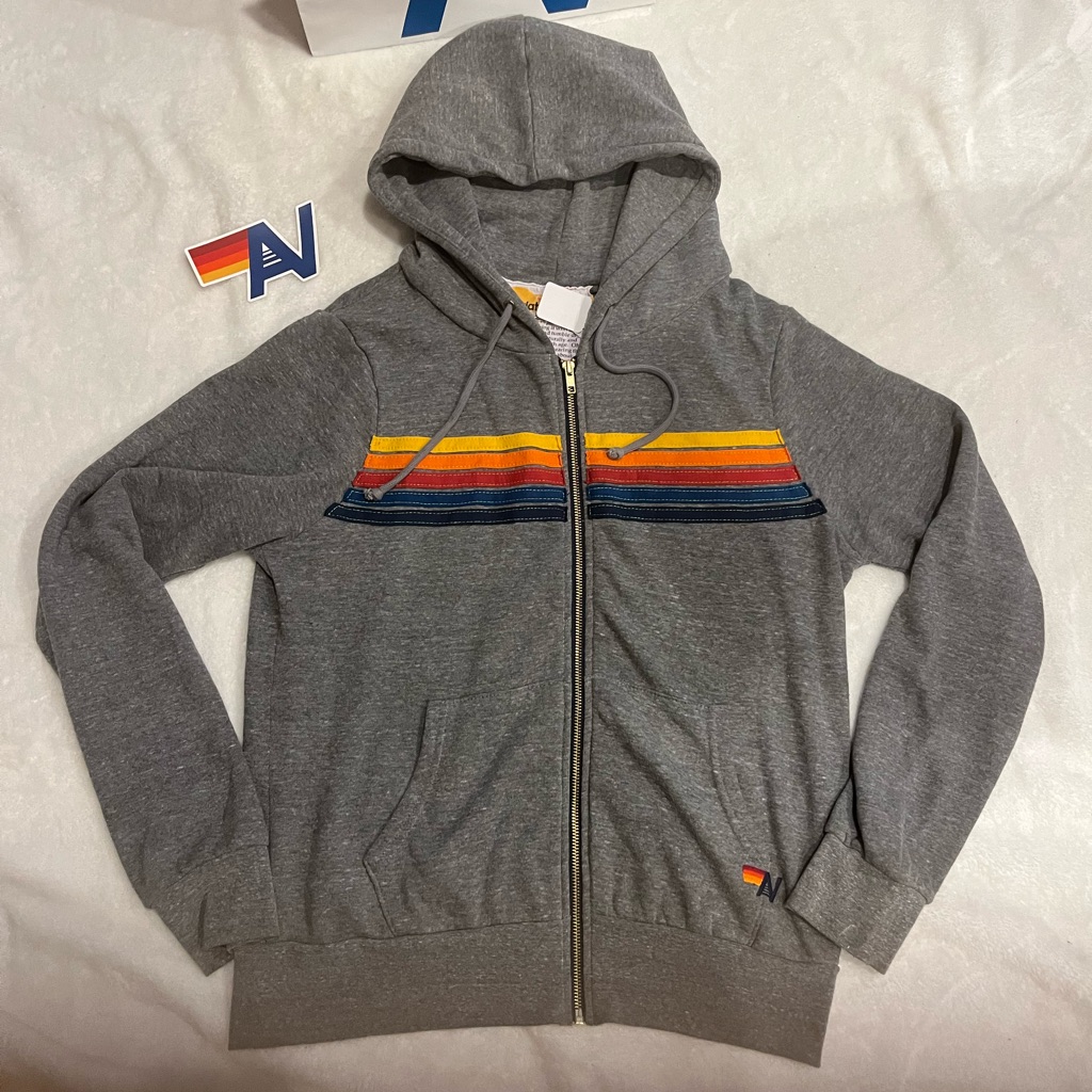 Aviator Nation 5 Stripe Zip Up Hoodie Heather Grey Medoum